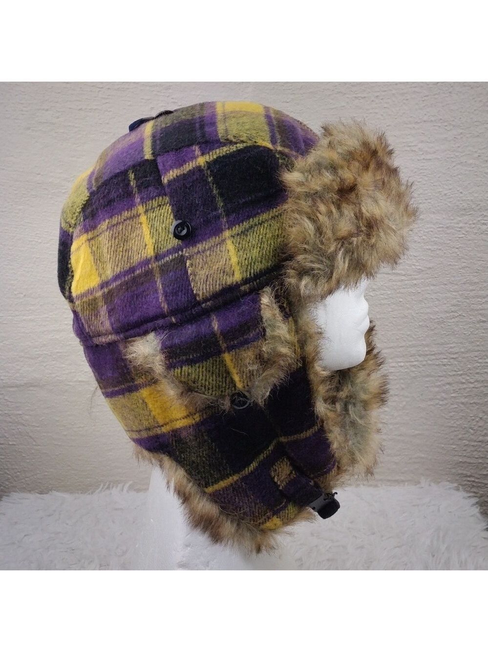 Polar Extreme Headware Purple Plaid Wool Blend Faux Fur Clip Front Trapper Hat